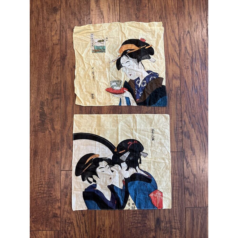 2 Vintage Ivory Colored Linen Square Japanese Geisha Handkerchiefs Art To Frame